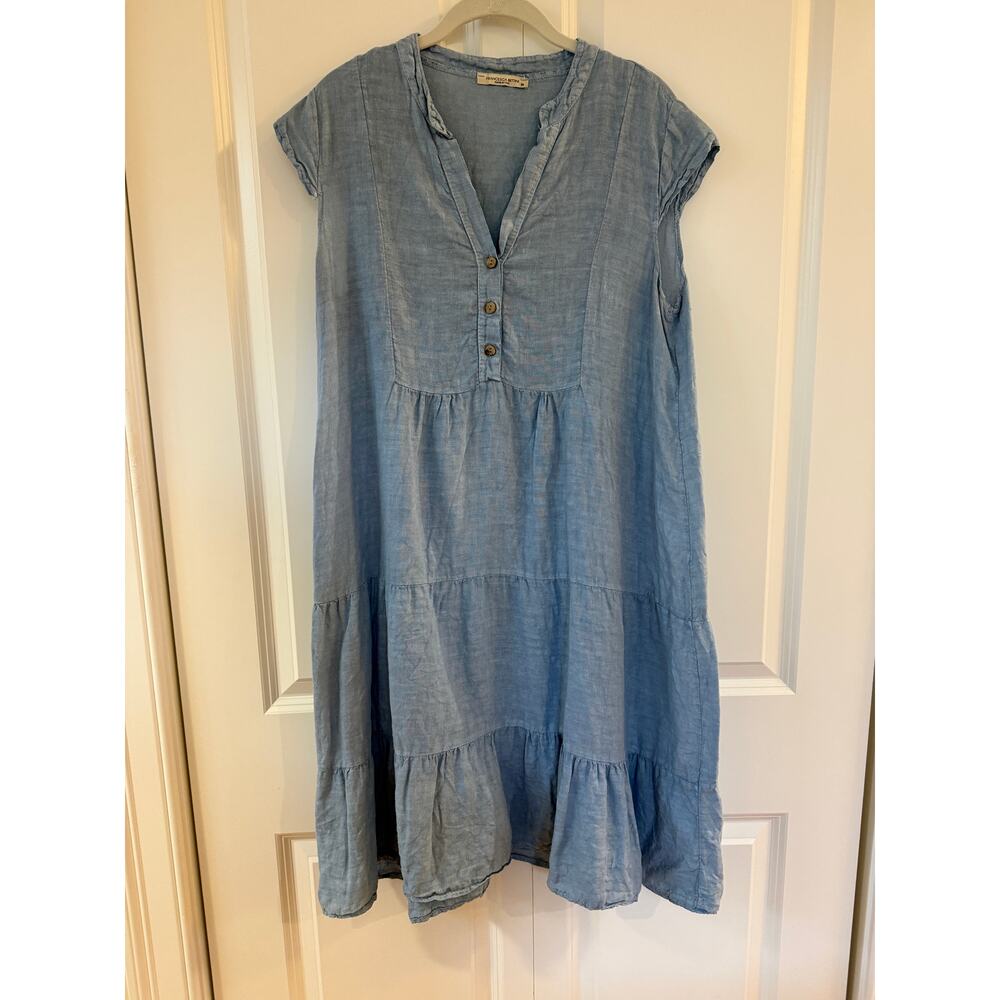 Francesca Bettini 100% Linen Tiered Dress Blue Italy Cap Sleeve V-Neck Medium M